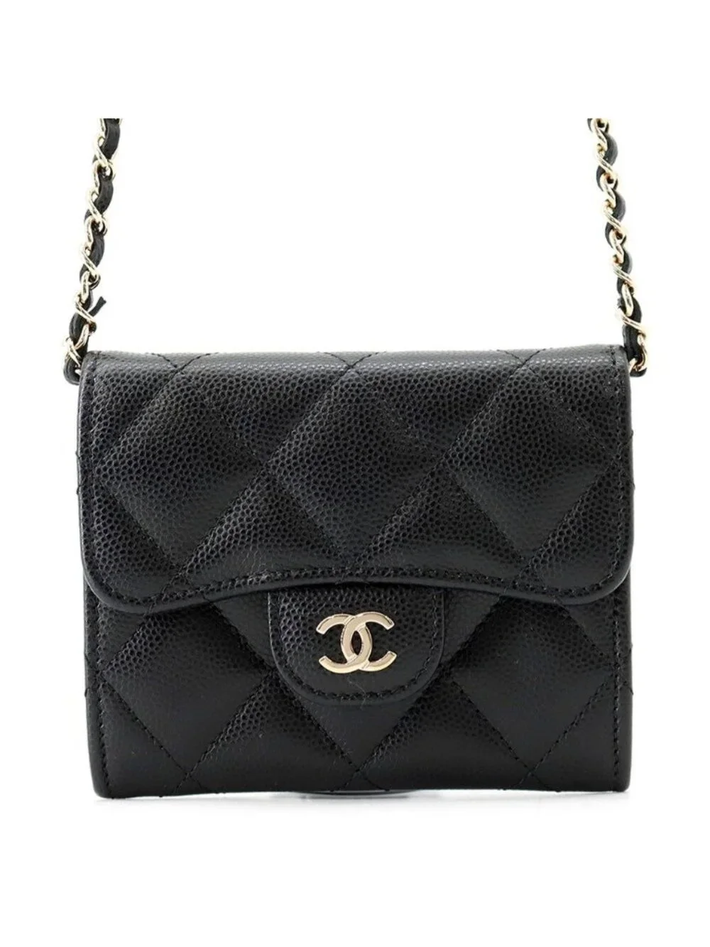 Chanel Chain Wallet Quilted CC Logo Mini Caviar Leather Black Shoulder